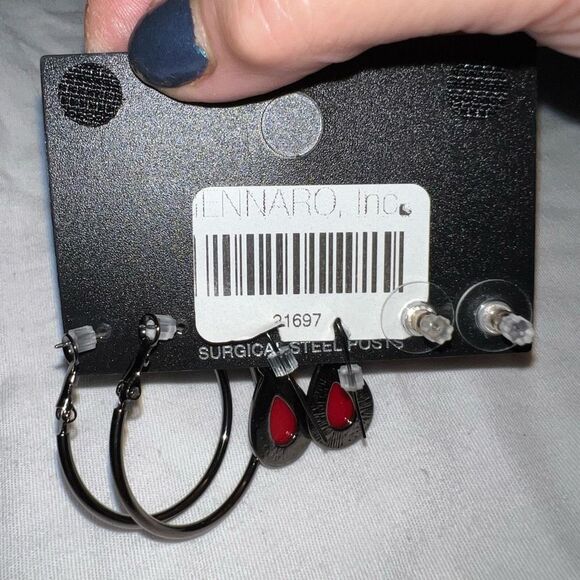 New York & Company Set of Three Red and Gunmetal Earrings - Picture 2 of 4